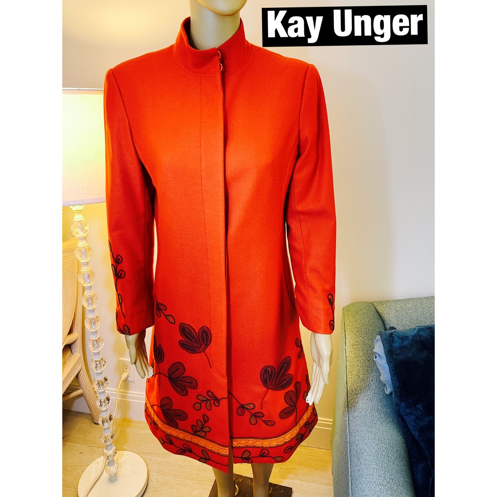 Kay Unger, Orange Embroidered Lambswool Coat Sz 6 Incredible